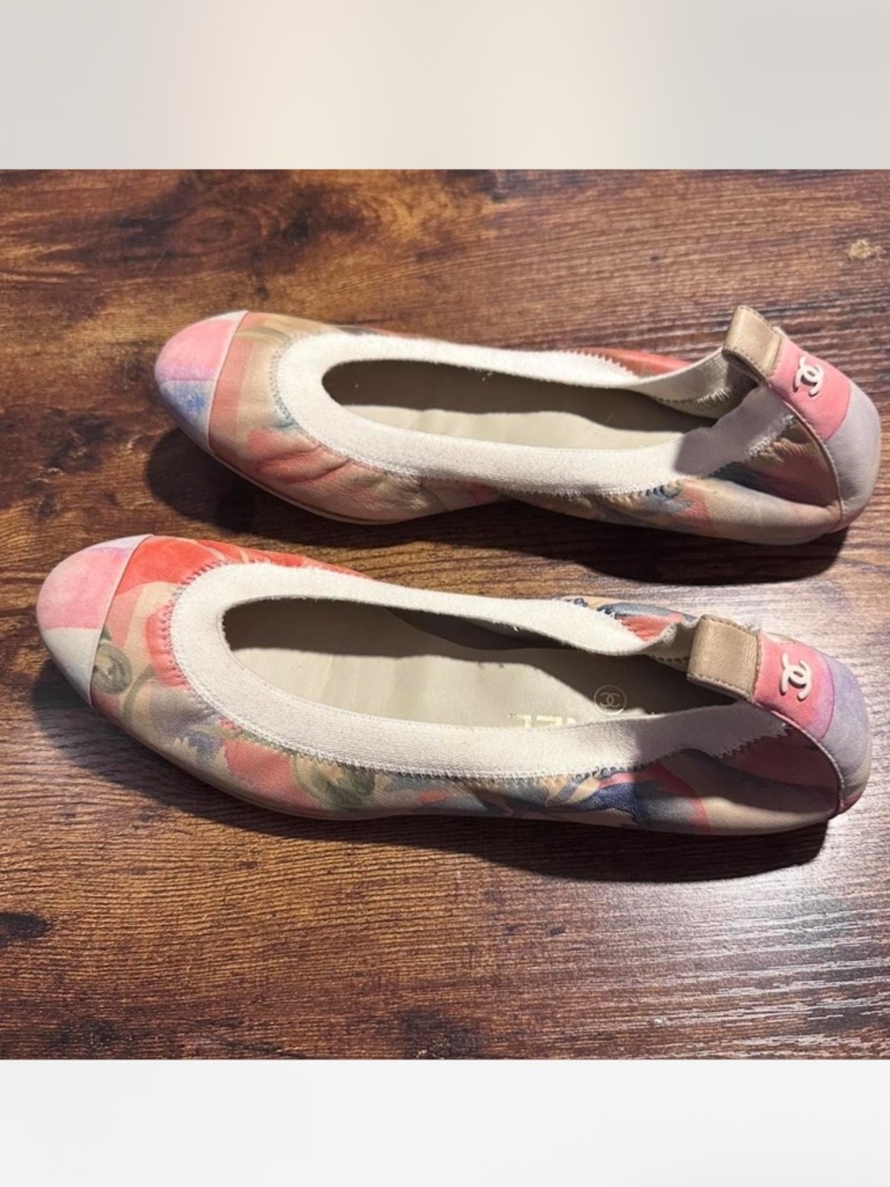 Authentic CHANEL Floral Canvas Ballet Flats in Pink, Coral & Blue size 38